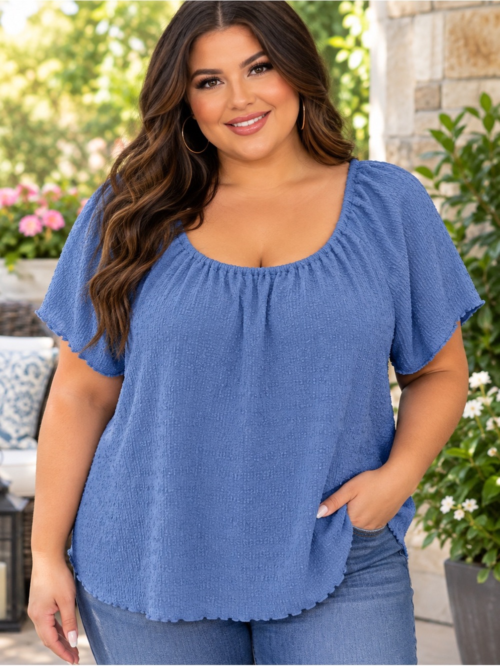 Lane Bryant Blue Textured Scoop Neck Top Size 18/20